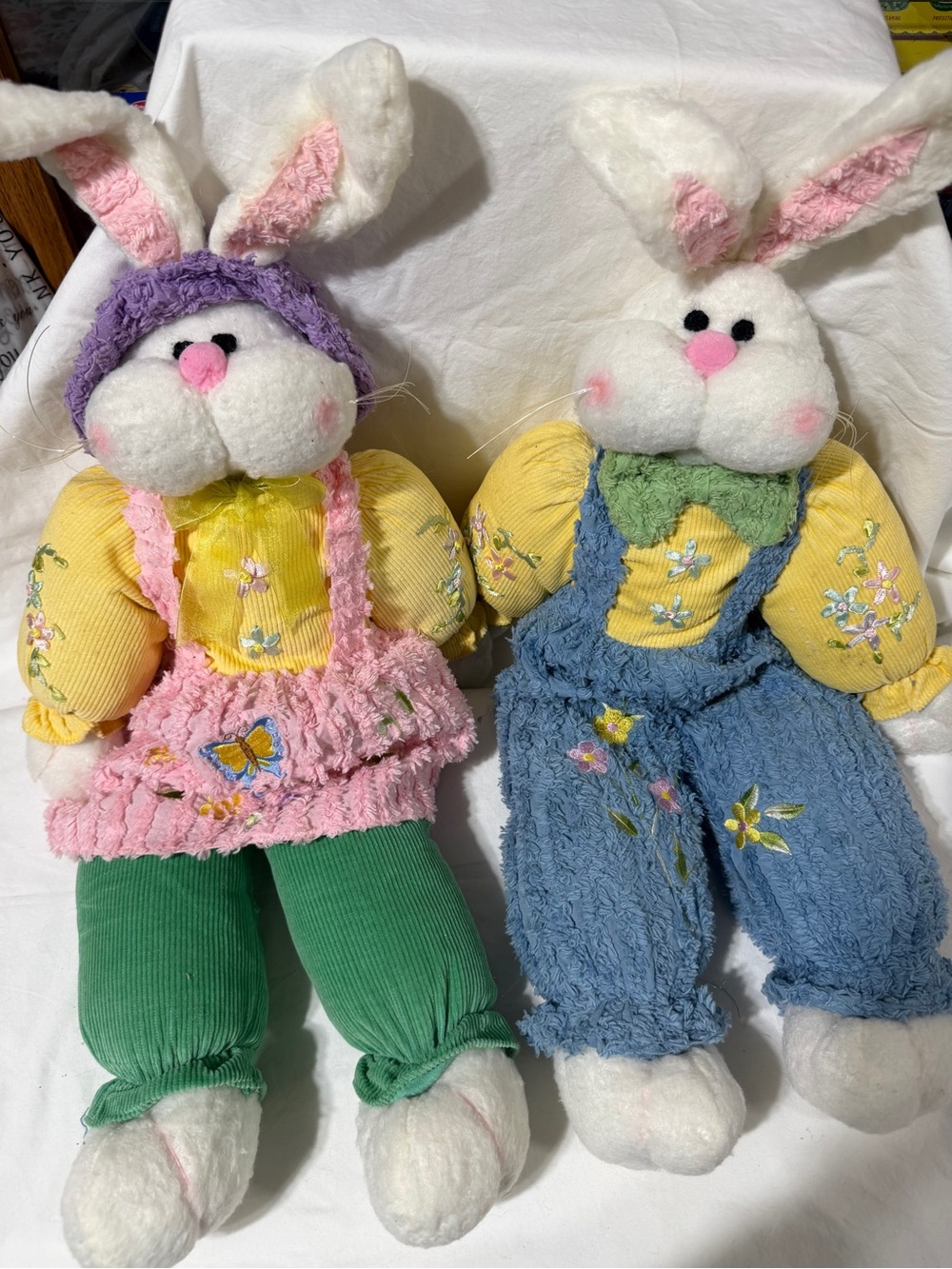 Home Interiors Plush Bunny Pair in White with Yellow Tops, Pink & Blue Outfits
